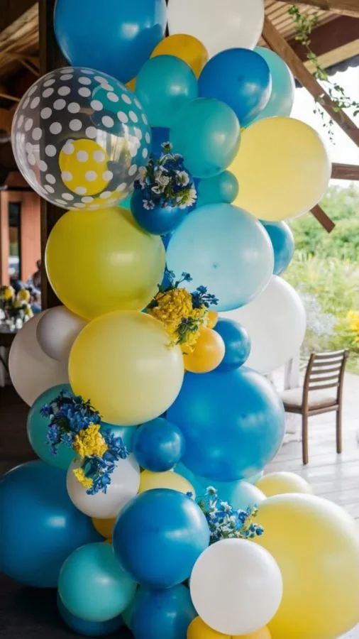 Duck themed baby shower decor with yellow and blue rubber duck details