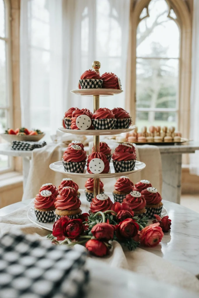 Cupcakes in black and white checkered wrappers topped with red buttercream and a fondant dot