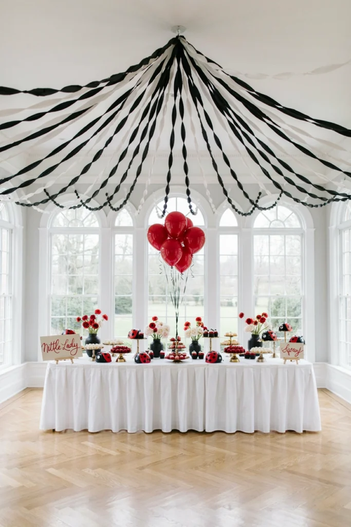 Black and white crepe paper streamers hung in a fan pattern above a ladybug party table