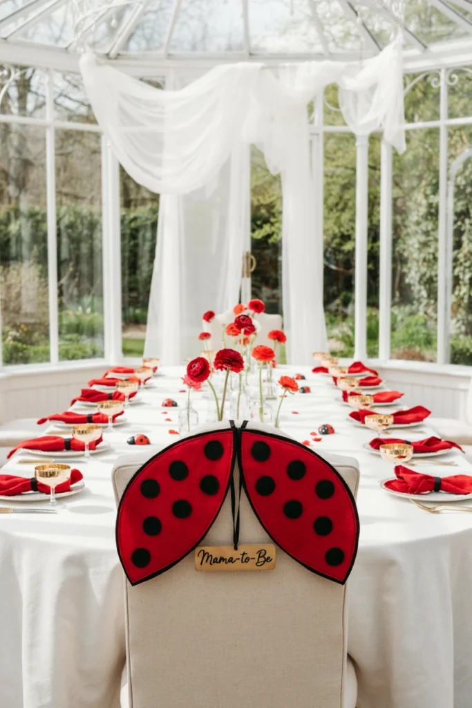 Oversized red and black spotted ladybug wings clipped to the back of a party chair