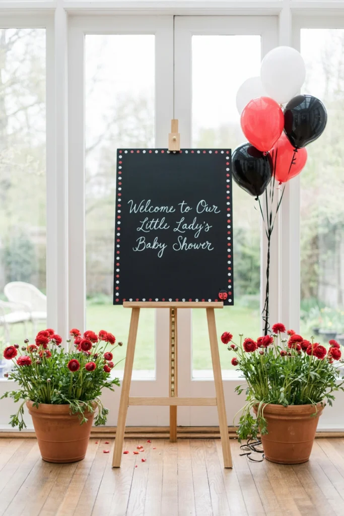 Chalkboard welcome sign on an easel with a painted black dot border