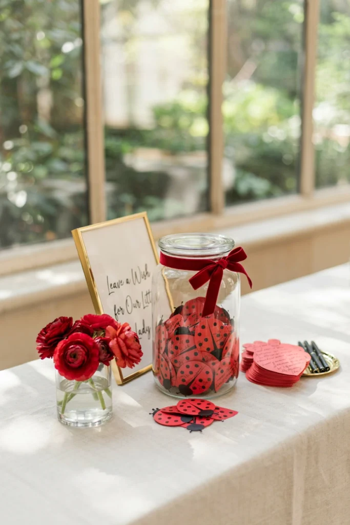 Glass jar surrounded by paper ladybug cutouts with guest wishes for baby