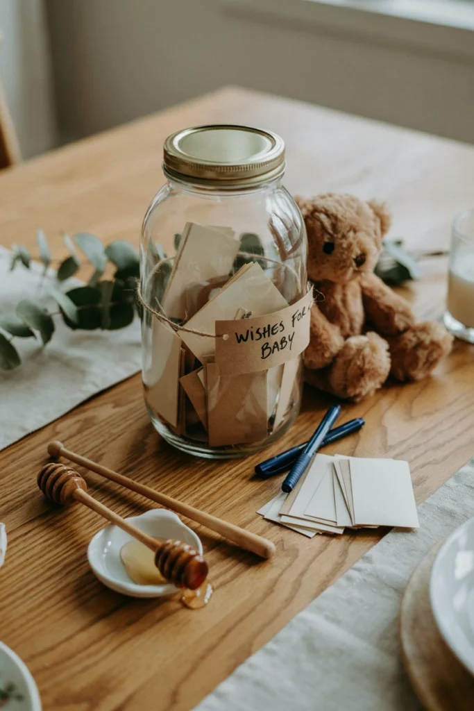 Glass wish jar labeled Wishes for Our Cub next to cream cards and a navy pen