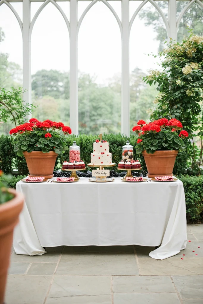 Potted red geraniums placed at the base of an outdoor dessert table