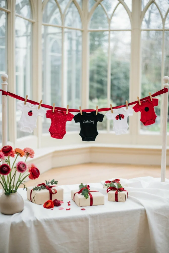 Tiny baby onesies clipped to a red ribbon clothesline near the gift table