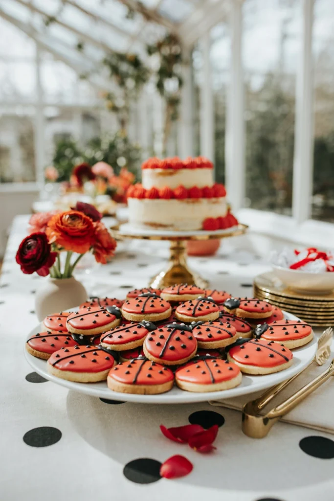 Round sugar cookies iced with red royal icing and black polka dot piping