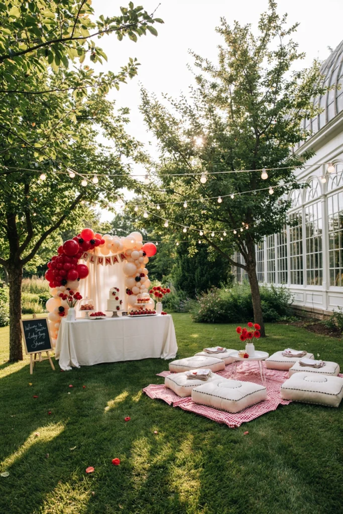 Outdoor lawn party with white string lights overhead and red and white picnic blankets