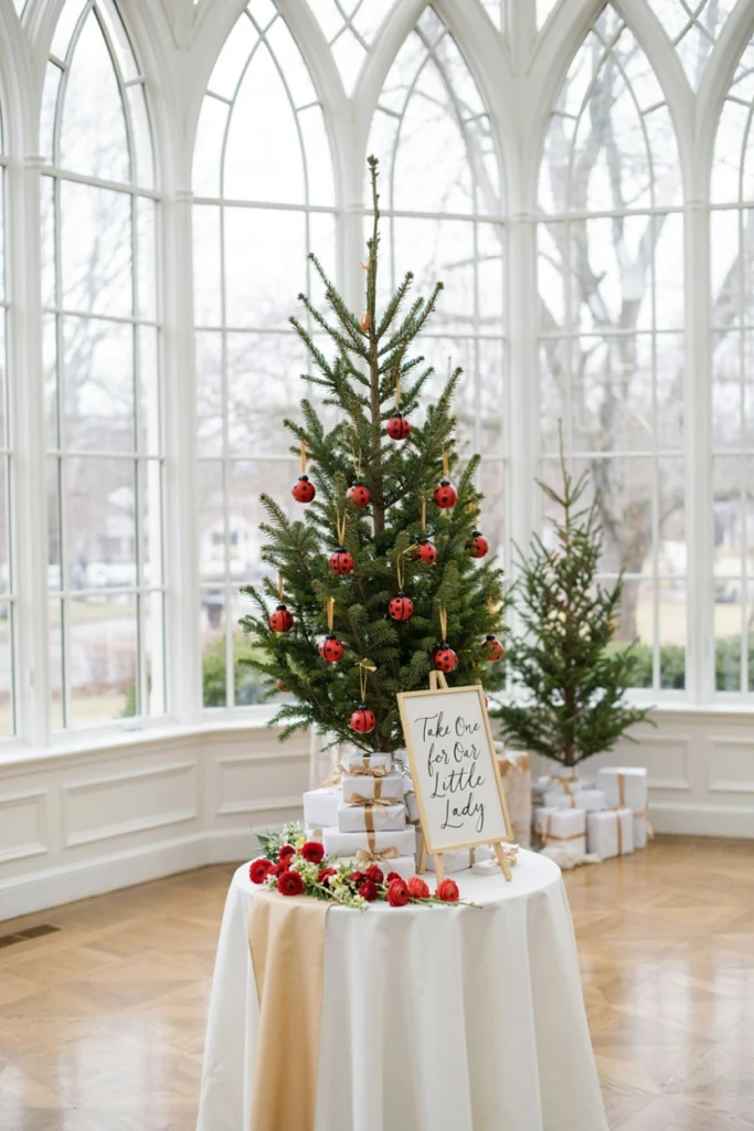 Hand-painted glass ladybug ornament favors hanging near the favor table