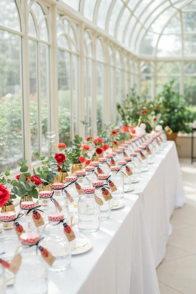 Bug house shaped glass jars filled with bubble solution and gingham lids