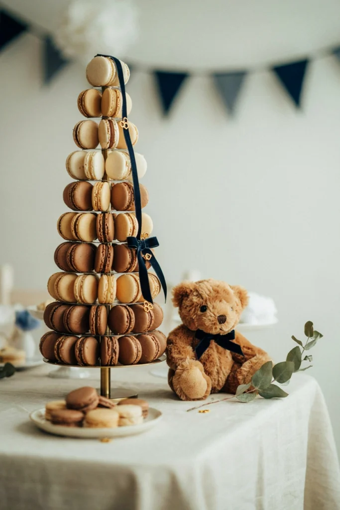 Tiered macaron tower in cream, tan, and cocoa shades with a navy ribbon