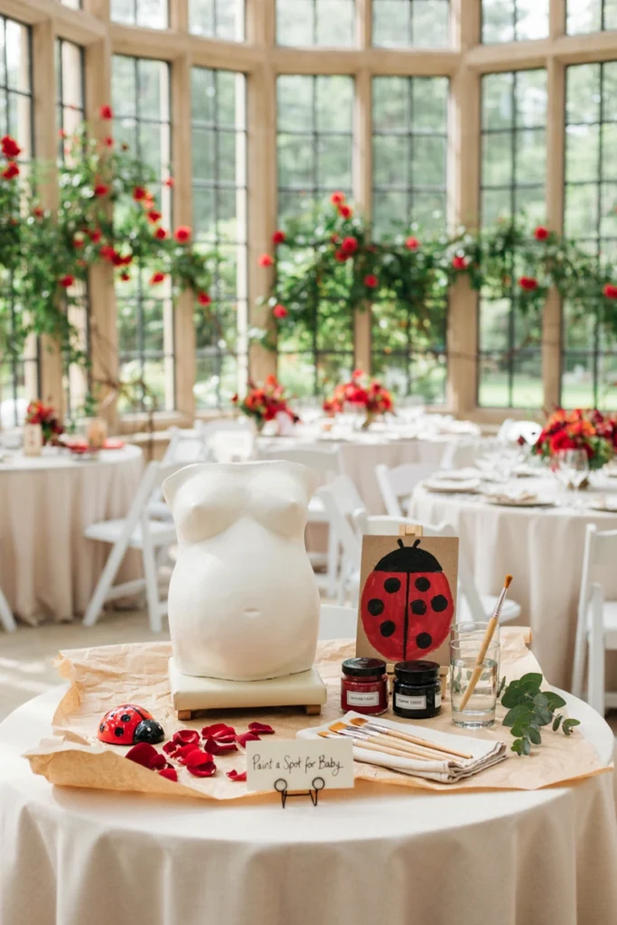 Belly cast painting station set up for guests at a ladybug baby shower