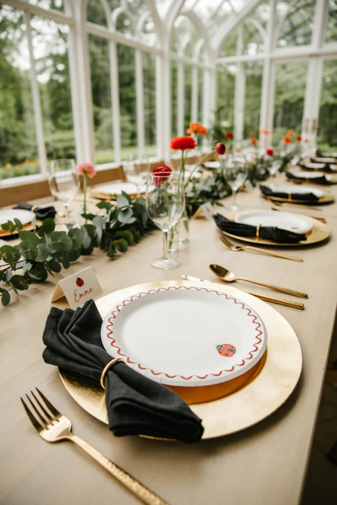 Place setting with red-rimmed ladybug print paper plates and black napkins