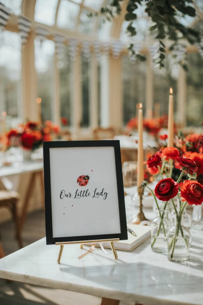 Framed little lady nursery print on an easel surrounded by red flowers