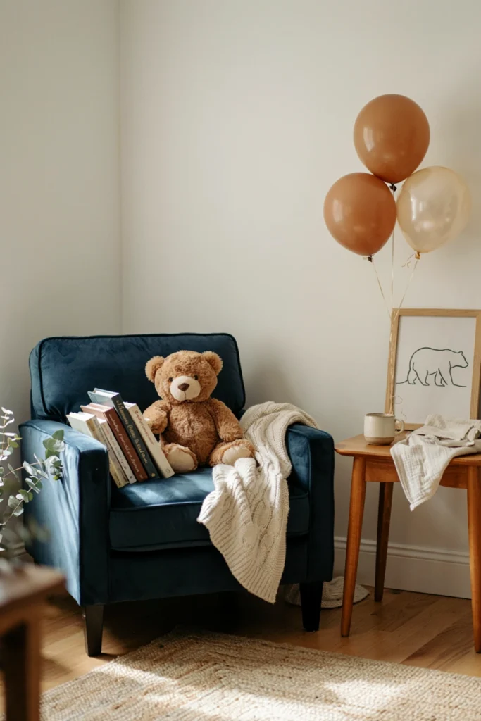 Nursery reading nook corner with a navy armchair and a framed cocoa-toned bear line art print
