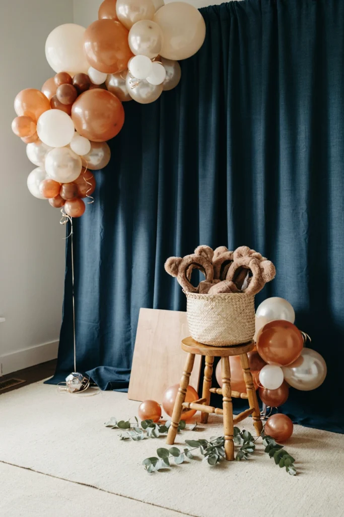 Photo booth corner with a navy backdrop and a basket of brown suede bear ear headbands