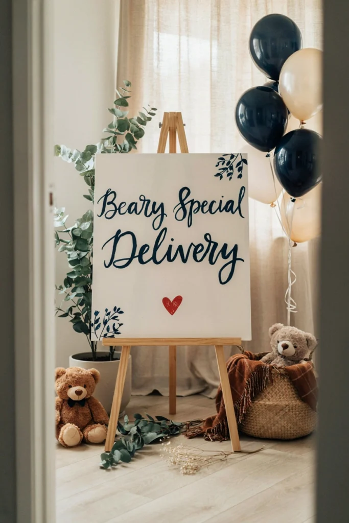 Wooden A-frame welcome sign reading A Beary Special Delivery Is On the Way in navy script