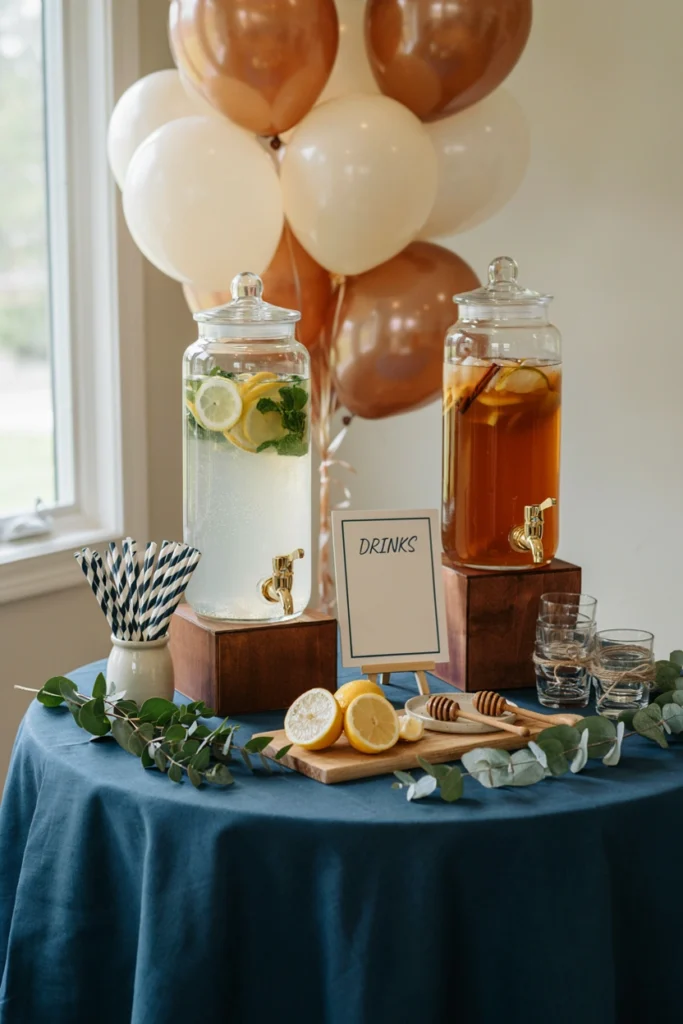 Drink station with Unbearably Good Tea and Cub Crush Lemonade dispensers on a navy tablecloth