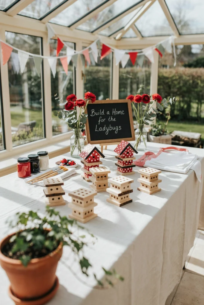 DIY wooden bug house station for kids to paint at the party