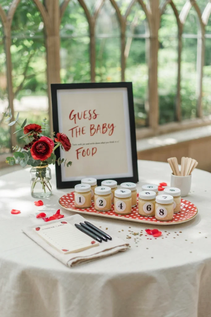 Unlabeled baby food jars numbered on a red and white polka dot tray for a guessing game