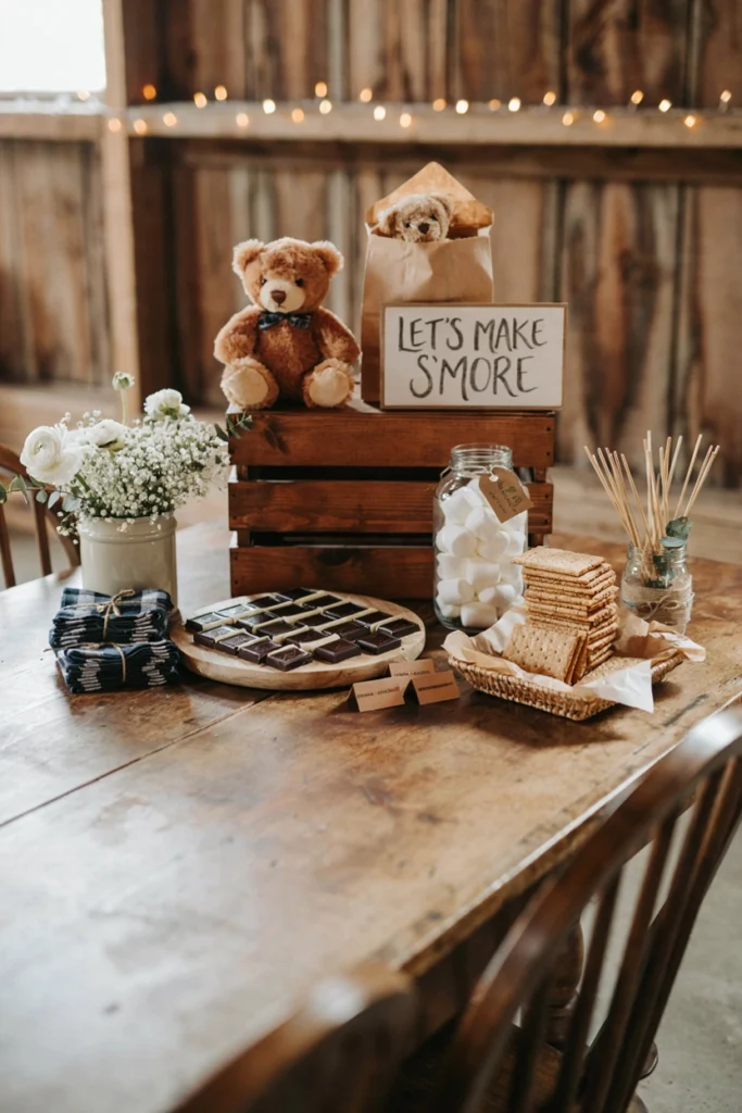 Rustic s'mores dessert station with skewered marshmallows and navy plaid napkins