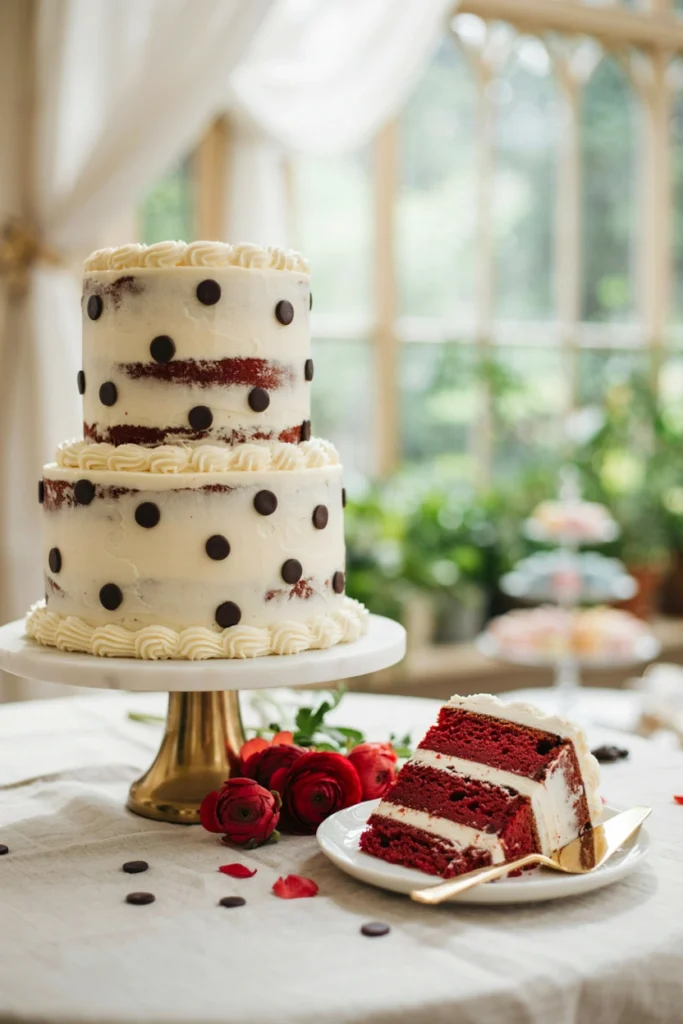 Sliced red velvet cake with white frosting and black fondant polka dots
