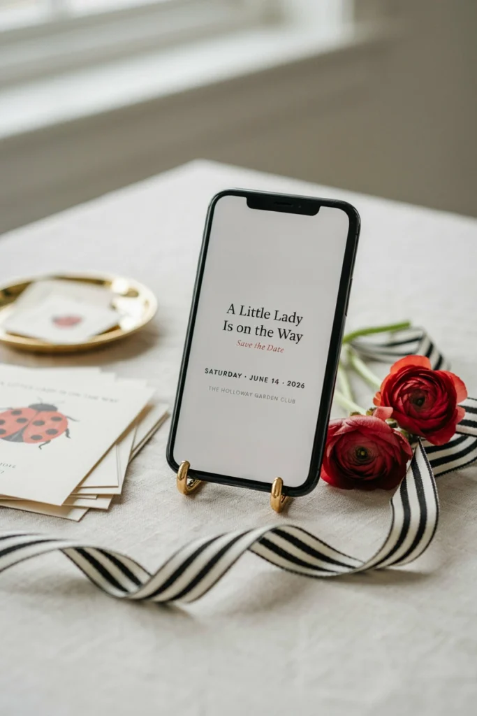 Phone screen showing a digital ladybug baby shower save-the-date graphic