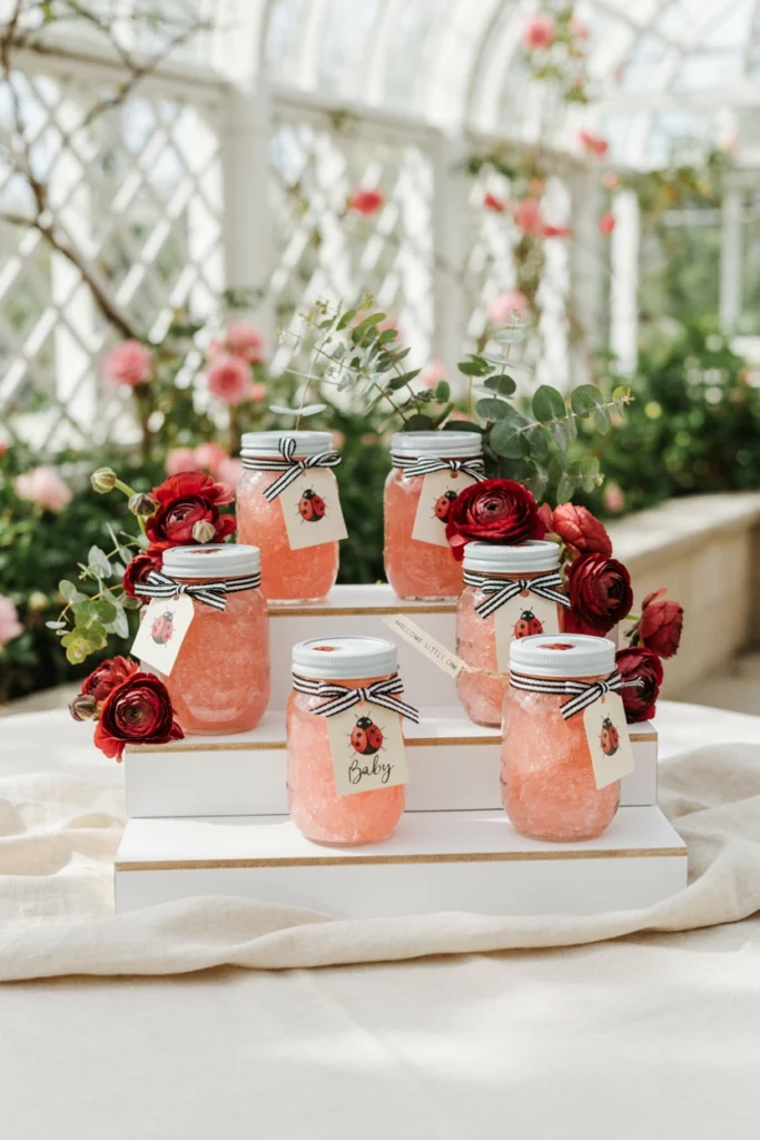 Mason jars of red-tinted sugar scrub favors with black and white striped ribbon
