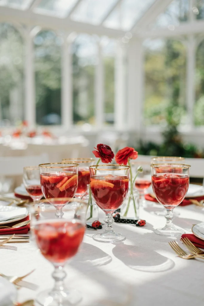 Gold-rimmed glass goblets filled with red punch on a white tablecloth