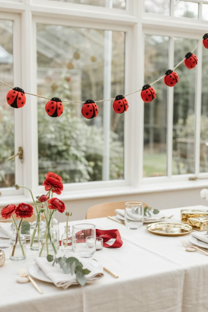 Handmade felt ladybug garland strung on twine across a mantel