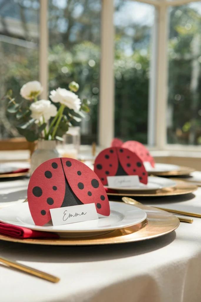 Wing-shaped place cards with guest names written in black ink