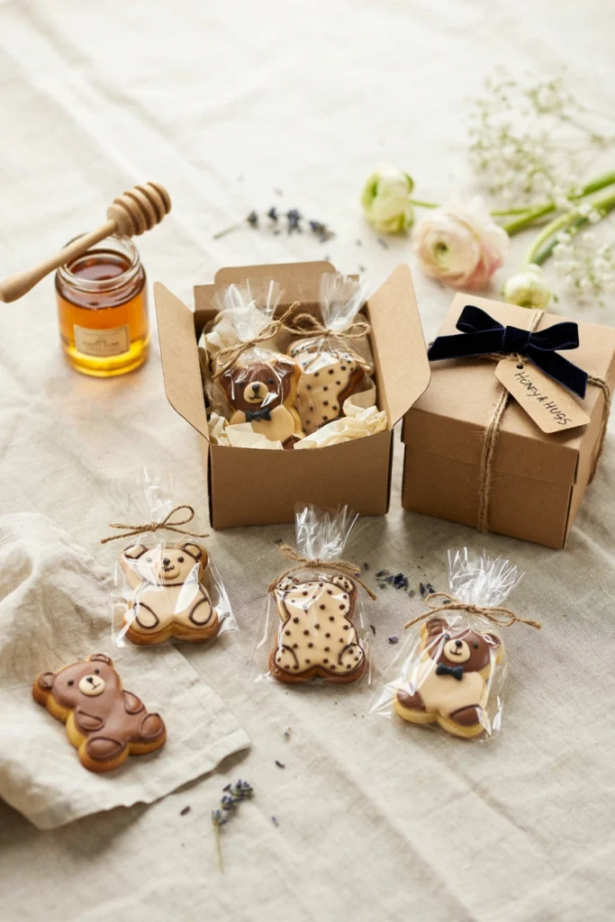 Hand-painted bear-shaped sugar cookies packaged in kraft boxes tied with twine