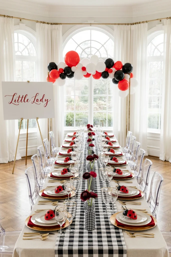Table dressed in black and white buffalo check linens with red accent napkins