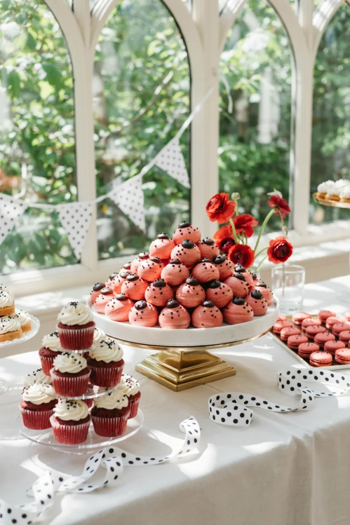 Rows of red meringue cookies with black candy dots for a ladybug dessert table