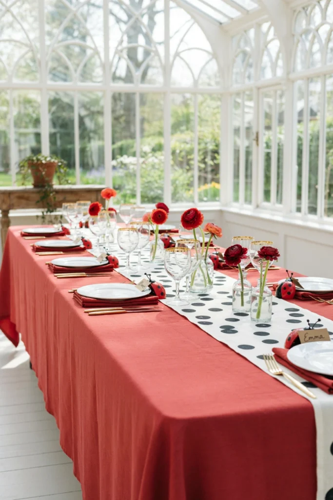 White table runner with black polka dots layered over a red tablecloth