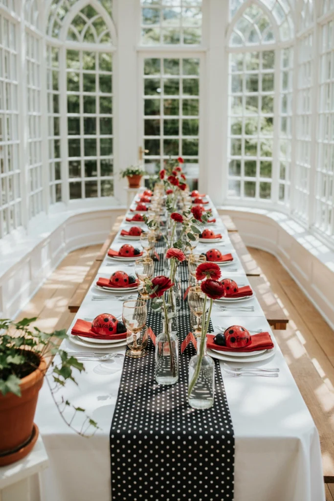 Cluster of small glass bud vases each holding one red ranunculus stem