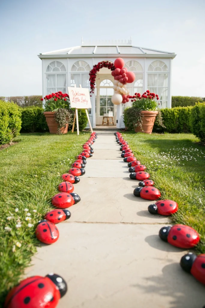 River rocks painted like ladybugs lining a garden path