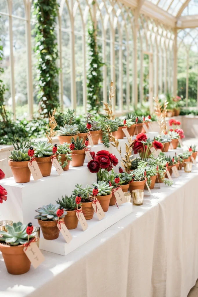 Mini potted succulent favor with a felt ladybug pick in the soil