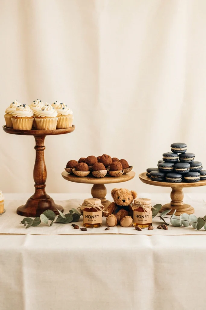 Mismatched walnut wood dessert stands holding simple cream and navy treats