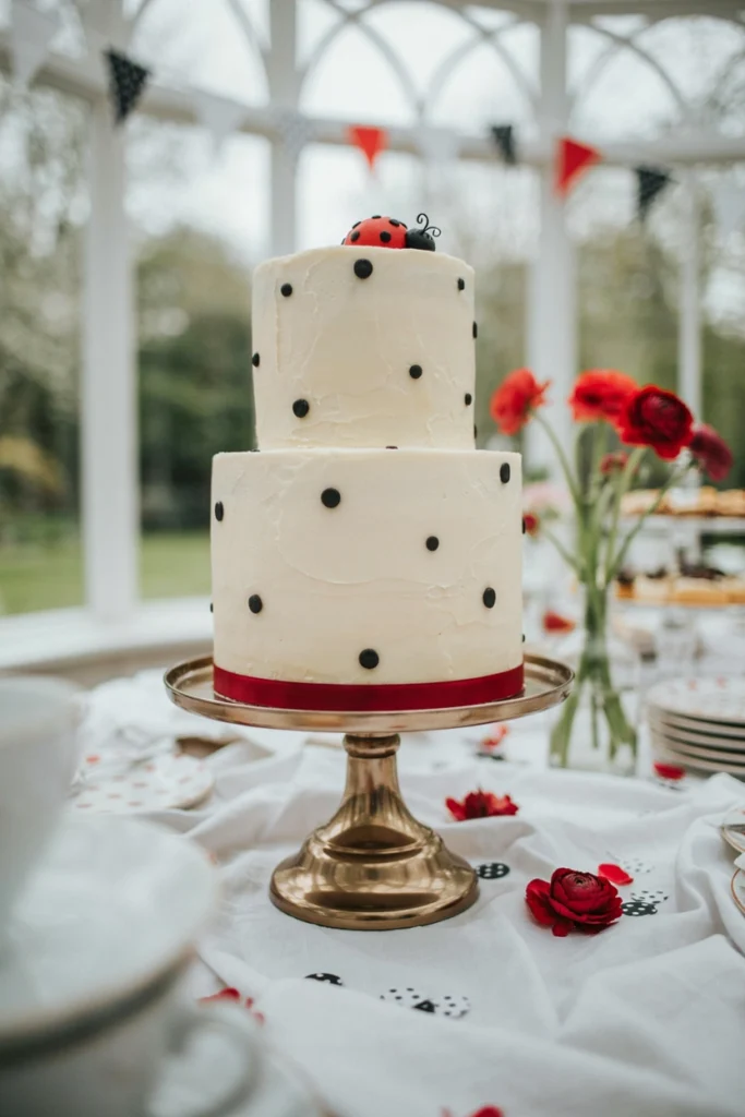 White buttercream two-tier cake with hand-piped black polka dots and a ladybug topper