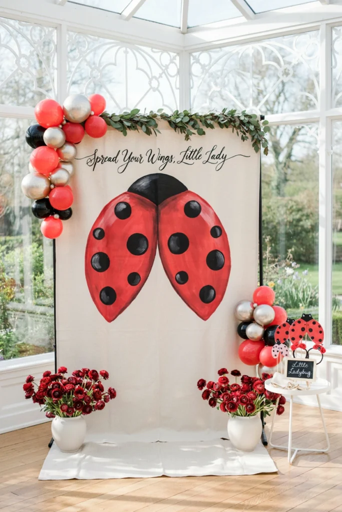 Photo booth backdrop painted with giant ladybug wings for guests to pose in front of