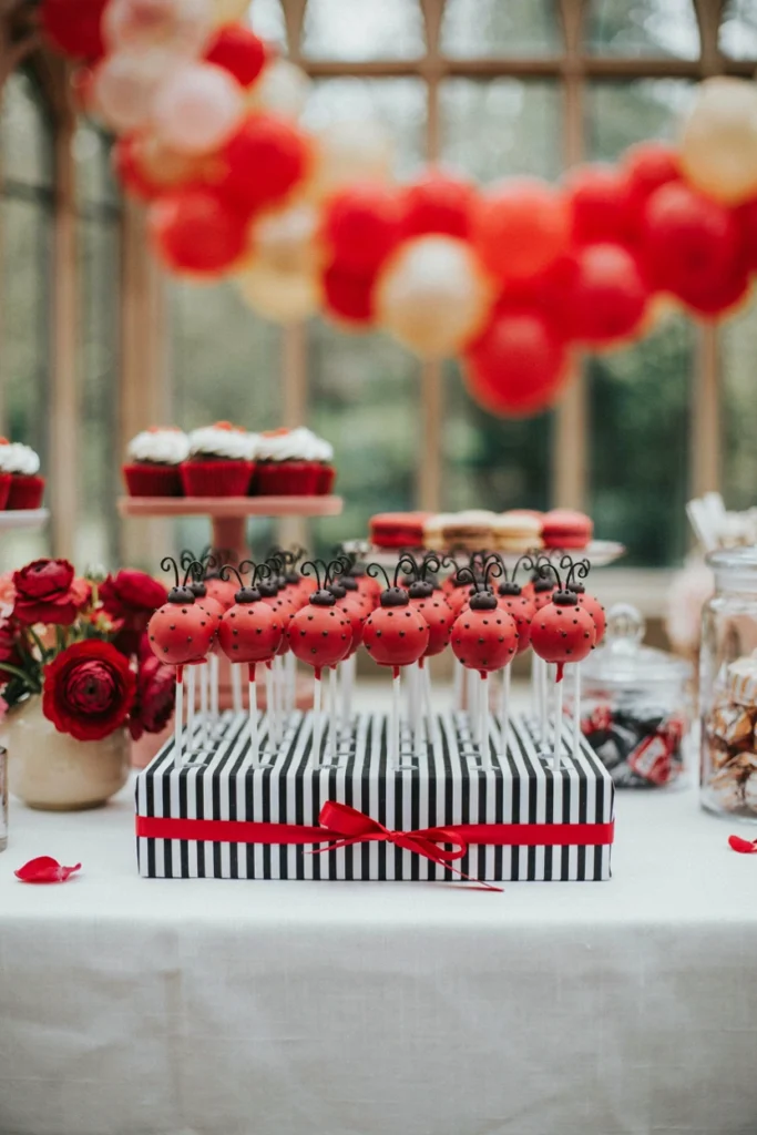 Ladybug cake pops dipped in red candy coating with black dots and antennae