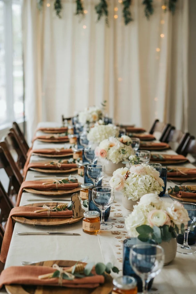 Cream table runner with a stamped brown paw print trail leading to a navy floral centerpiece