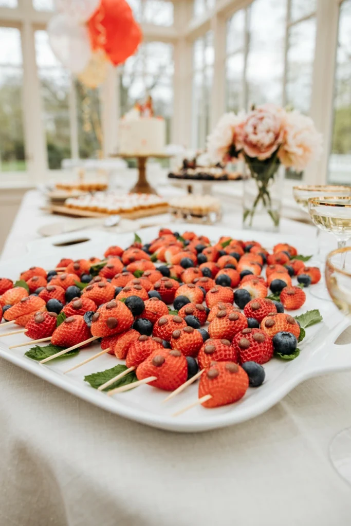 Strawberry and blueberry fruit skewers styled to look like ladybugs