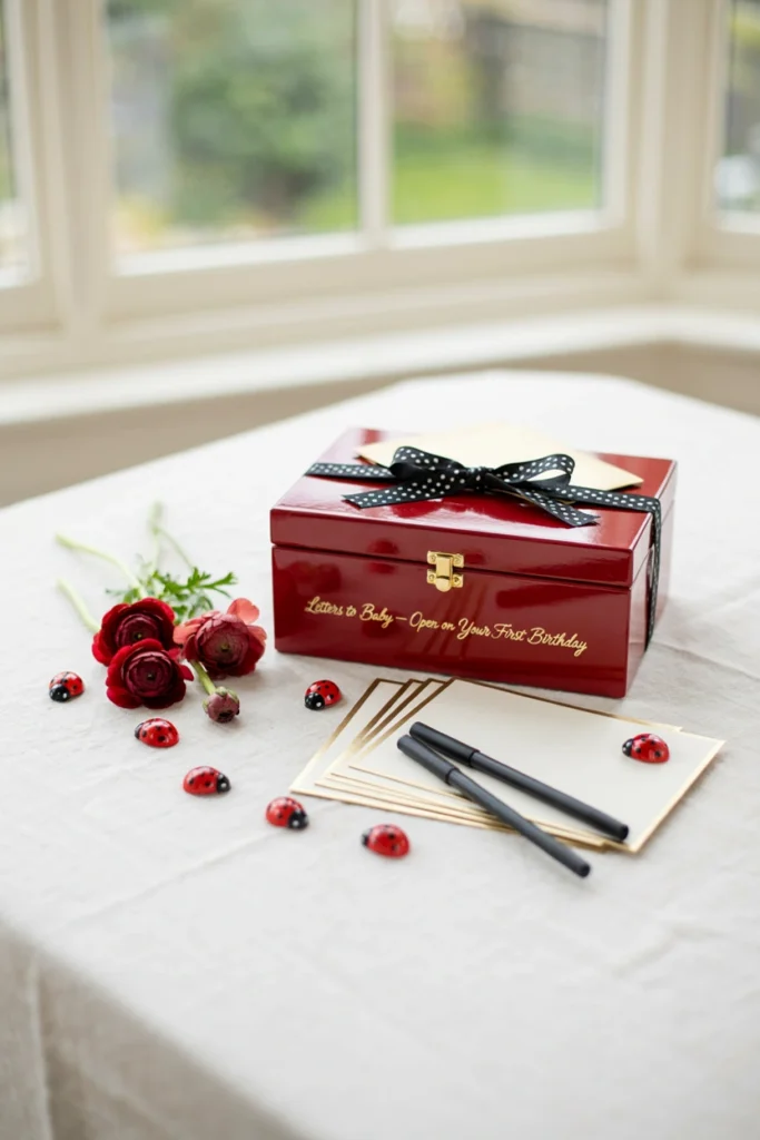 Red and black lidded box for time capsule letters to baby