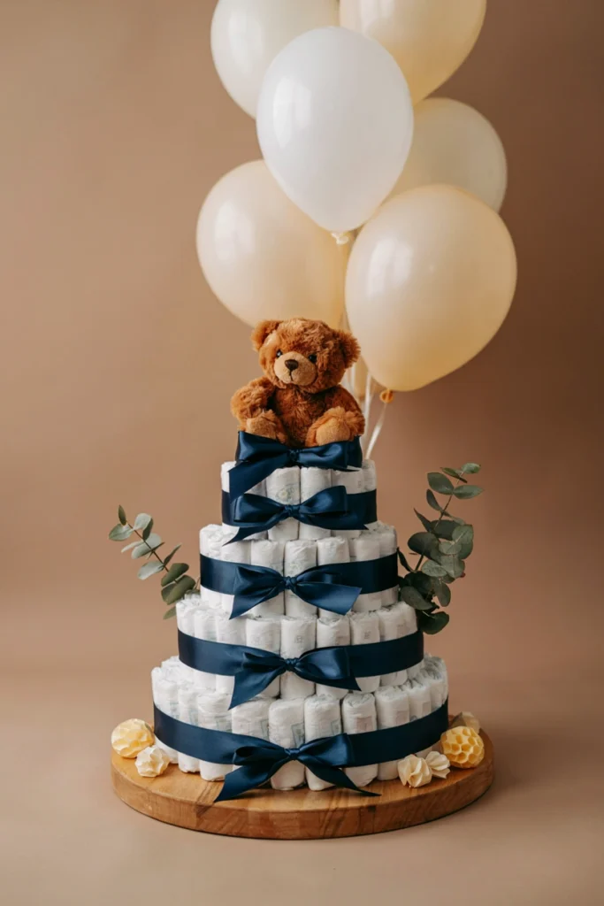 Three-tier diaper cake wrapped in navy ribbon with a small brown bear on top