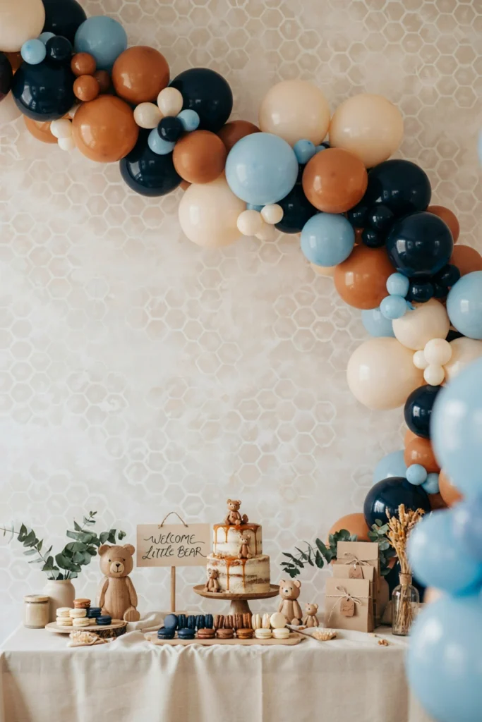 Navy, cocoa, and cream balloon garland arching over a bear-themed baby shower dessert table with a honeycomb backdrop