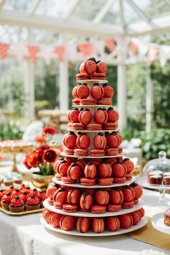 Tiered stand of red macarons piped with black dots to look like ladybugs