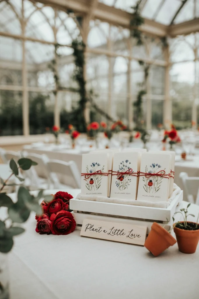 Wildflower seed packet favors illustrated with ladybugs and tied with red twine