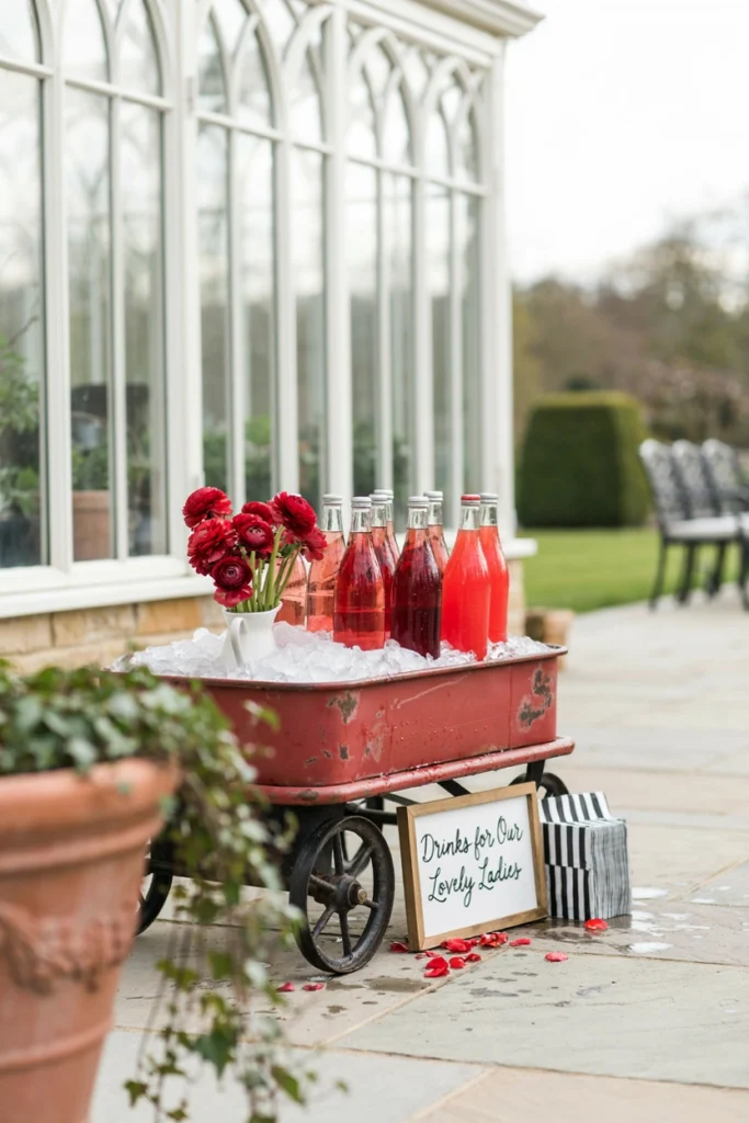 Vintage red wagon filled with ice and drinks for an outdoor ladybug shower