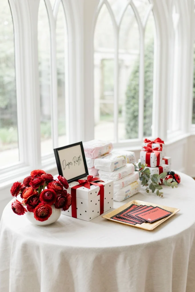 Basket of diapers with red polka dot diaper raffle tickets